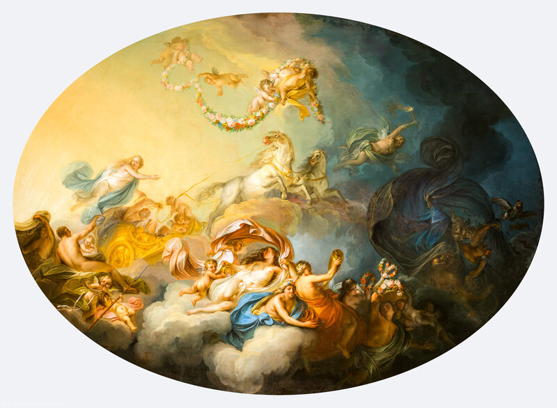 Schloss und Schlossgarten Schwetzingen - Garten - Badhaus - Von innen - Ovalsaal - Deckengemälde - Von unten - Deckengemälde "Aurora vertreibt die Nacht"; links Aurora (Göttin der Morgenröte, mit blauem Mantel, auf goldenem Wagen, von zwei weißen Sonnenpferden gezogen), darüber schwebende Putti mit Rosenkränzen, links unten Uranus (Gott des Himmels und Urahn der Götter, versucht Aurora zurück zu halten), links ganz unten zwei spielende Putti mit Jagdhorn, unterhalb Bildmitte Tauschwestern (auf Wolkenbank, aus goldenen Gefäßen den Tau spendend), rechts etwas oberhalb der Bildmitte der Morgenstern (mit Fackel, Aurora den Weg zeigend), ganz rechts eine Eule (als Nachtvogel, den Weg zeigend) und Fledermäuse; links davon Nox (die mohnbekrönte Göttin der Nacht) (Maler: Nicolas Guibal (1725-1784); Datierung: 1772; Signaturen: links unten "N. Guibal Lotharingus inv et fecit 1772" und rechts unten "N. Guibal Lotharingus invenit et pinxit 1772"; Öl auf Leinwand, mit vergoldeten Eichenlaubkranz eingefasst; Restaurierungen: 1890, 1949, 2006) (Gesamter Bau: Länge x Breite ca. 18 x 14 Meter, Höhe ca. 10 Meter; Architekt: Nicolas de Pigage (1723-1796); Bauzeit: 1768-1772; Gesamtinstandsetzung innen und außen: 1999-2006) (aufgenommen im Oktober 2025, am Nachmittag)  