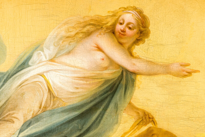 Schloss und Schlossgarten Schwetzingen - Garten - Badhaus - Von innen - Ovalsaal - Deckengemälde - Von unten - Ausschnitt aus dem Deckengemälde "Aurora vertreibt die Nacht"; mittig Aurora (Maler: Nicolas Guibal (1725-1784); Datierung: 1772; Signaturen: links unten "N. Guibal Lotharingus inv et fecit 1772" und rechts unten "N. Guibal Lotharingus invenit et pinxit 1772"; Öl auf Leinwand, mit vergoldeten Eichenlaubkranz eingefasst; Restaurierungen: 1890, 1949, 2006) (Gesamter Bau: Länge x Breite ca. 18 x 14 Meter, Höhe ca. 10 Meter; Architekt: Nicolas de Pigage (1723-1796); Bauzeit: 1768-1772; Gesamtinstandsetzung innen und außen: 1999-2006) (aufgenommen im Oktober 2025, am späten Nachmittag)