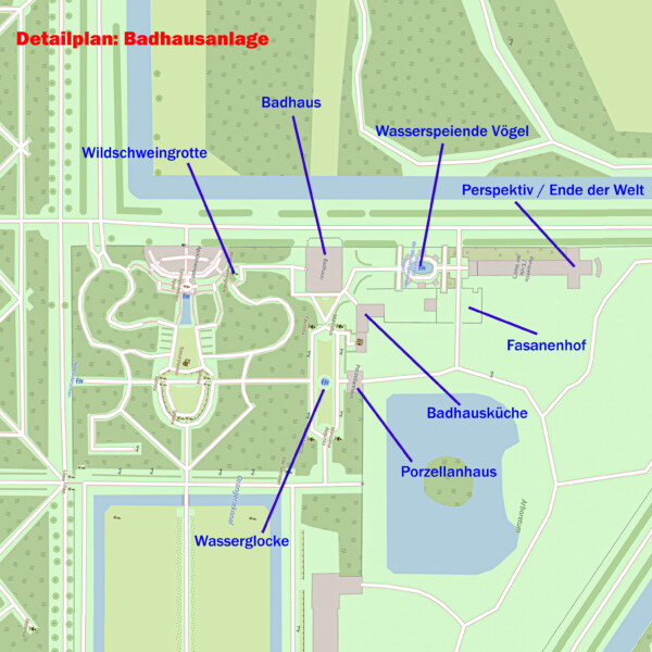 Schloss und Schlossgarten Schwetzingen - Detailplan: Badhausanlage (Badhaus, Wildschwein, Wasserspeiende Vögel, Perspektiv / Ende der Welt, Porzellanhaus) im Schlossgarten Schwetzingen (Karte: © OpenStreetMap-Mitwirkende; Lizenz: Namensnennung - Weitergabe unter gleichen Bedingungen 2.0 Generic (CC BY-SA 2.0); siehe: www.openstreetmap.org/copyright; Karte modifiziert durch Dr. Manfred Schneider)