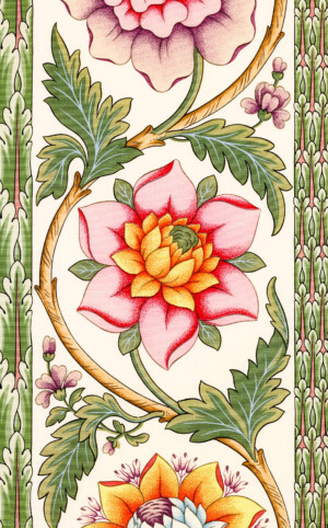 Schloss und Schlossgarten Schwetzingen - Schloss - Mittelbau - Von innen - 1. Obergeschoss - Appartment des Kurfürsten - Schlafzimmer - Nordwand - Blick auf einen Ausschnitt der Seidentapete (aufgenommen im Dezember 2025, am Nachmittag)