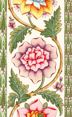 Schloss und Schlossgarten Schwetzingen - Schloss - Mittelbau - Von innen - 1. Obergeschoss - Appartment des Kurfürsten - Schlafzimmer - Nordwand - Blick auf einen Ausschnitt der Seidentapete (aufgenommen im Dezember 2025, am späten Nachmittag)