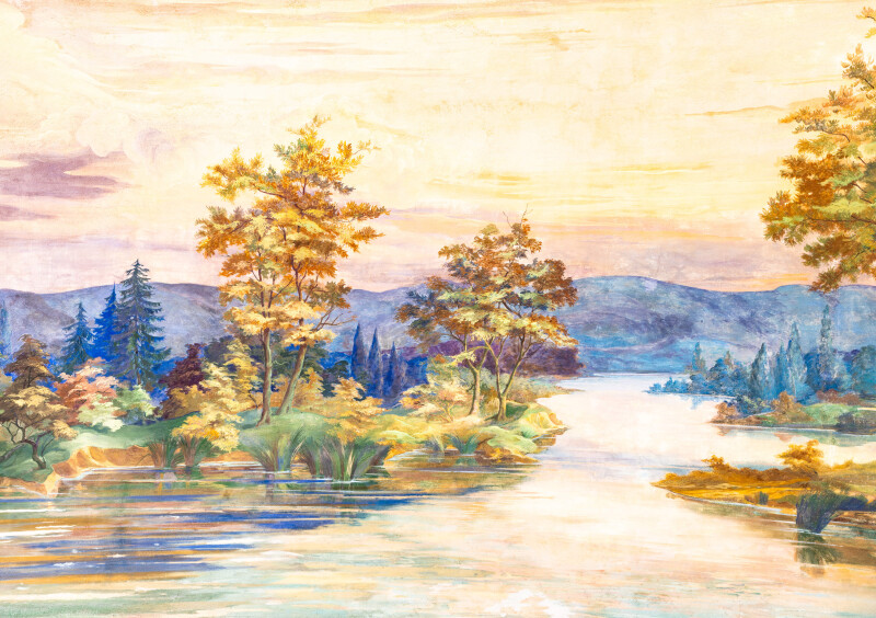 Schloss und Schlossgarten Schwetzingen - Garten - Badhausanlage - Perspektiv - Bildwand - Ausschnitt aus dem Gemälde "Das Ende der Welt" auf der gewölbten Bildwand des Perspektivs; dargestellt ist eine fiktive idyllische Flusslandschaft; Fresko ursprünglich erstellt von dem Mannheimer Theatermaler Truckenmüller nach einer Vorlage von Ferdinand Kobell (1740-1799), seither mehrfach restauriert (Perspektiv: Abmessungen Länge x Breite x Höhe: Laubengang ca. 40 x 3,5 x 4,5 Meter, Bau ca. 16 x 4,5 bis 11 x 6,5 Meter, Bildwand ca. 9 x 1 x 7,5 Meter; Fertigstellung: 1775, Gesamtinstandsetzung: 1988-1991, Restaurierung Laubengang: 2022; Architekt: Nicolas de Pigage) (aufgenommen im April 2026, am frühen Nachmittag)