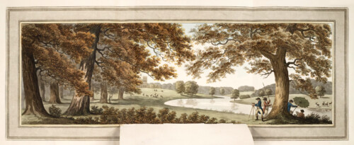 Schloss und Schlossgarten Schwetzingen - "XI. A view of the water, and some of the large oaks, at Welbeck. The lake is here altered to a river; and the ground being raised near the house, the situation of the building is in appearance considerably elevated." aus "Humphry Repton - Sketches and hints on landscape gardening - 1794" (Bildnachweis: University of Wisconsin, https://digital.library.wisc.edu/1711.dl/GRI3MYTLTX2GJ86, gemeinfrei)
