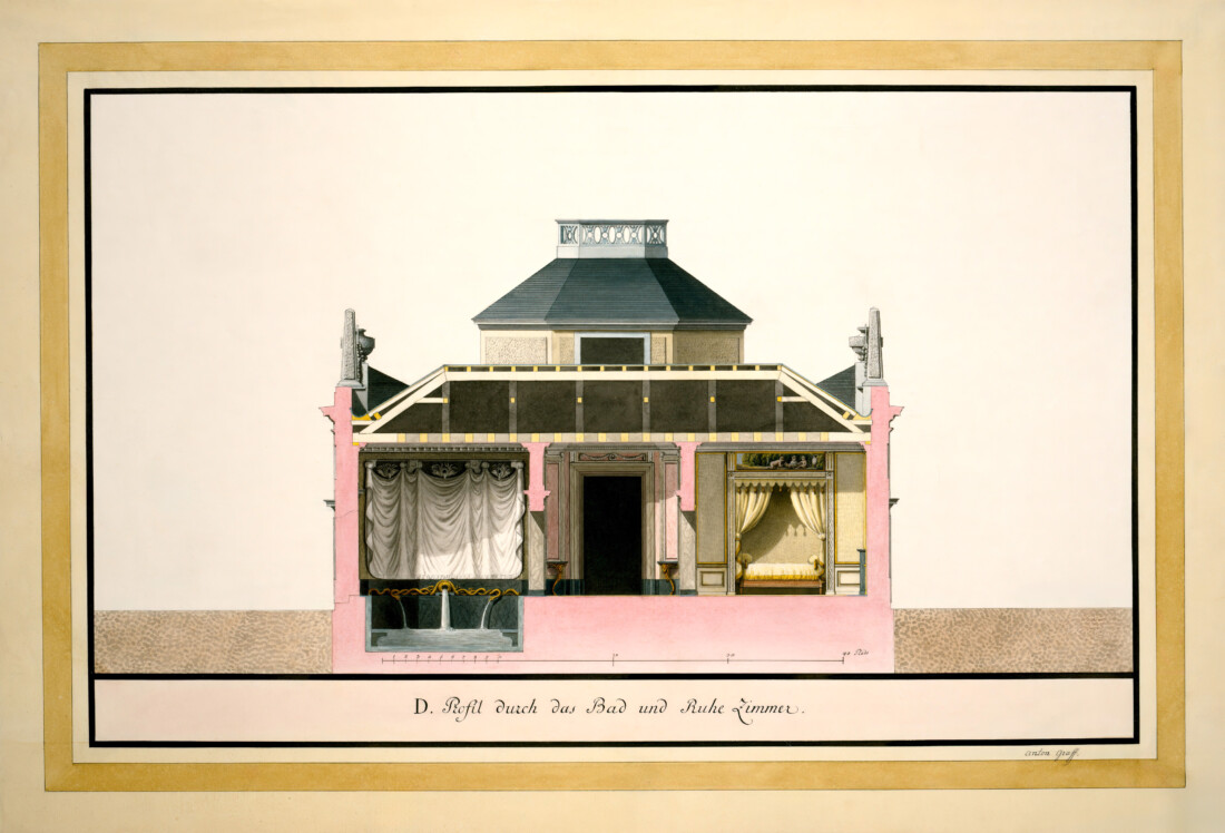 Schloss und Schlossgarten Schwetzingen - Badhaus - Querschnitt, Zeichnung von Anton Graff, 1799 - "D. Profil durch das Bad und Ruhe Zimmer", Feder in Schwarz, farbig laviert, 38,0 x 54,8 Zentimeter, bezeichnet rechts unten: Anton Graff, bezifferter Maßstab in „Pieds de Mannheim" (Bildnachweis: Graff, Anton: Schwetzingen, Badhaus, Schnitt, 1799, GK II (1) o. Nr. / Stiftung Preußische Schlösser und Gärten Berlin-Brandenburg / Fotograf: Daniel Lindner; mit freundlicher Genehmigung der Stiftung Preußische Schlösser und Gärten Berlin-Brandenburg / www.spsg.de)