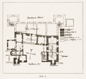 Schloss und Schlossgarten Schwetzingen - Abb. 3: "Schematischer Lageplan mit Bezeichnung der einzelnen Bauteile" des Buches "Heinrich Gropp: Das Schwetzinger Schloß zu Anfang des 18. Jahrhunderts – Dissertation – 1930" (Reproduktion durch Dr. Manfred Schneider, August 2023)