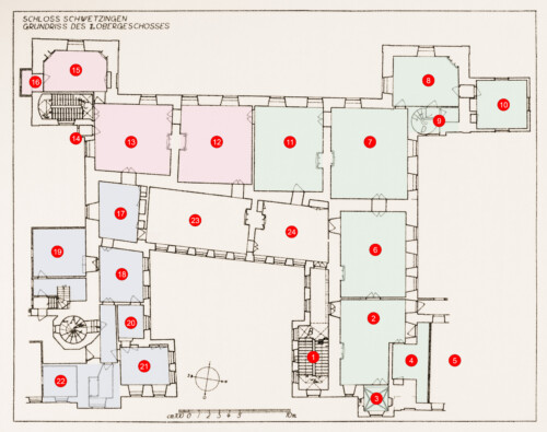 Schloss und Schlossgarten Schwetzingen - Erweiterte Abb. 5: "Grundriß des 1. Obergeschosses" des Buches "Heinrich Gropp: Das Schwetzinger Schloß zu Anfang des 18. Jahrhunderts – Dissertation – 1930" (Reproduktion durch Dr. Manfred Schneider, August 2023)