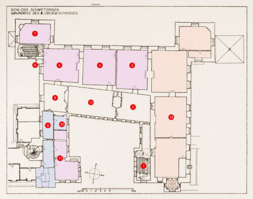 Schloss und Schlossgarten Schwetzingen - Erweiterte Abb. 6: "Grundriß des 2. Obergeschosses" des Buches "Heinrich Gropp: Das Schwetzinger Schloß zu Anfang des 18. Jahrhunderts – Dissertation – 1930" (Reproduktion durch Dr. Manfred Schneider, August 2023)