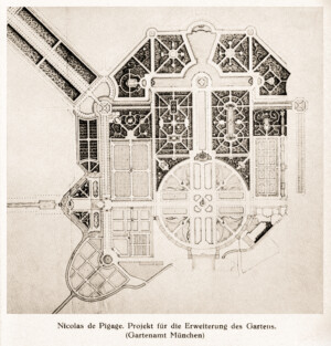 Schloss und Schlossgarten Schwetzingen - Nicolas de Pigage, Projekt für die Erweiterung des Gartens, um 1761; Gartenamt München (Bildnachweis: Seite 18a aus "Irene Schmidt: Der Schwetzinger Schlossgarten Carl Theodors von der Pfalz - Inaugural-Dissertation - Teildruck - 1934"; Reproduktion durch Dr. Manfred Schneider, Juni 2023)