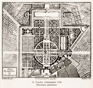 Schloss und Schlossgarten Schwetzingen - E. Verelst, Gartenplan, 1769 (Etrennes palatines) (Bildnachweis: Seite 16c aus "Irene Schmidt: Der Schwetzinger Schlossgarten Carl Theodors von der Pfalz - Inaugural-Dissertation - Teildruck - 1934"; Reproduktion durch Dr. Manfred Schneider, Juni 2023)