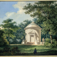 Schloss und Schlossgarten Schwetzingen - Gemälde: "Der Tempel der Waldbotanik im Park von Schwetzingen"; Maler: Karl Kuntz (1770-1830), Datierung: 1793-95, Herkunft: Albertina, Wien, Graphische Sammlung (Bildnachweis: https://sammlungenonline.albertina.at/?query=search=/record/objectnumbersearch=[15080]&showtype=record, gemeinfrei)
