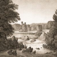 Schloss und Schlossgarten Schwetzingen - Wehr - Tafel 10 des Buchs "Hermann von Pückler-Muskau: Andeutungen über Landschaftsgärtnerei - Verbunden mit der Beschreibung ihrer praktischen Anwendung in Muskau - 1834" (Bildnachweis: https://doi.org/10.11588/diglit.1669, gemeinfrei)