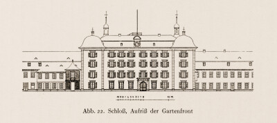 Schloss und Schlossgarten Schwetzingen - Schloss, Aufriss der Gartenfront - Zeichnung von Wilhelm Schweitzer, 1930 (Bildnachweis: Die Kunstdenkmäler des Amtsbezirks Mannheim – Stadt Schwetzingen – 1933)