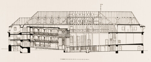 Schloss und Schlossgarten Schwetzingen - Theater, Längsschnitt - Zeichnung von Wilhelm Schweitzer, 1930 (Bildnachweis: Die Kunstdenkmäler des Amtsbezirks Mannheim – Stadt Schwetzingen – 1933)